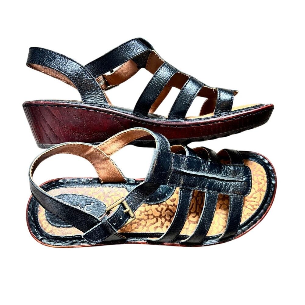 BOC Born Leather Strappy Wedge Sandals Black Comfort Slingback Womens 9